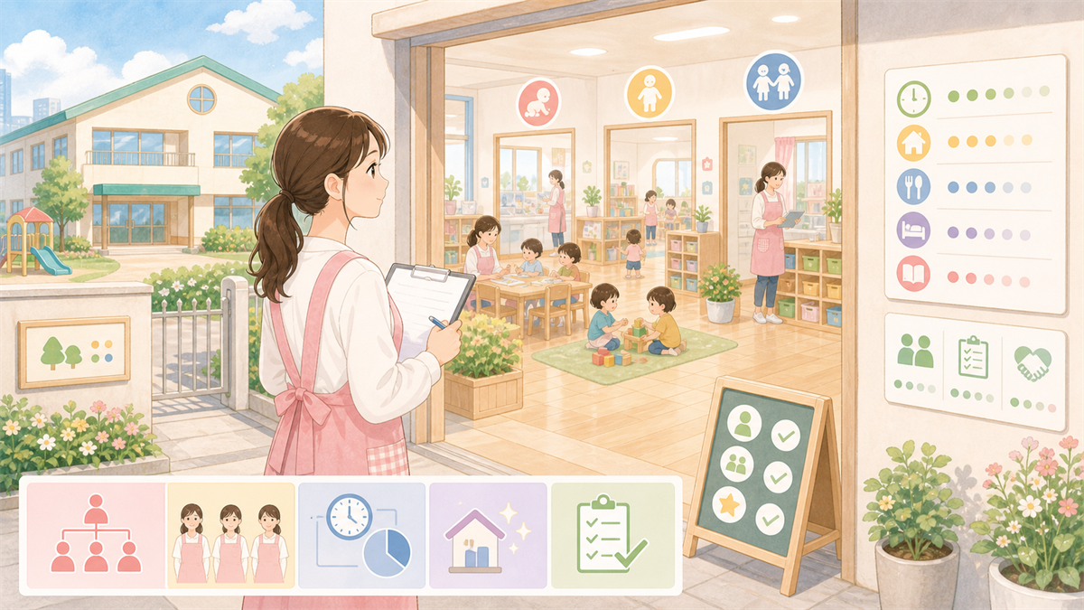 認可保育園で働く保育士の特徴の内容を整理した保育士向けイラスト