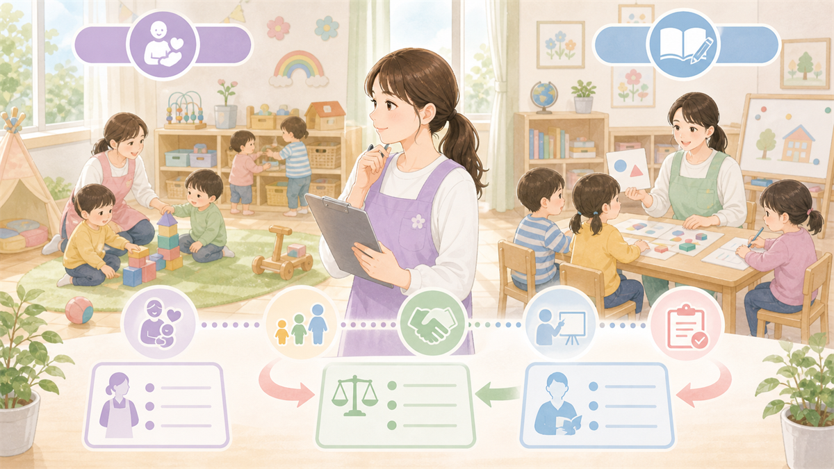 認定こども園で働く保育士の特徴の内容を整理した保育士向けイラスト