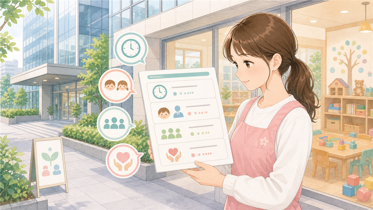 企業主導型保育で働く保育士の特徴の内容を整理した保育士向けイラスト
