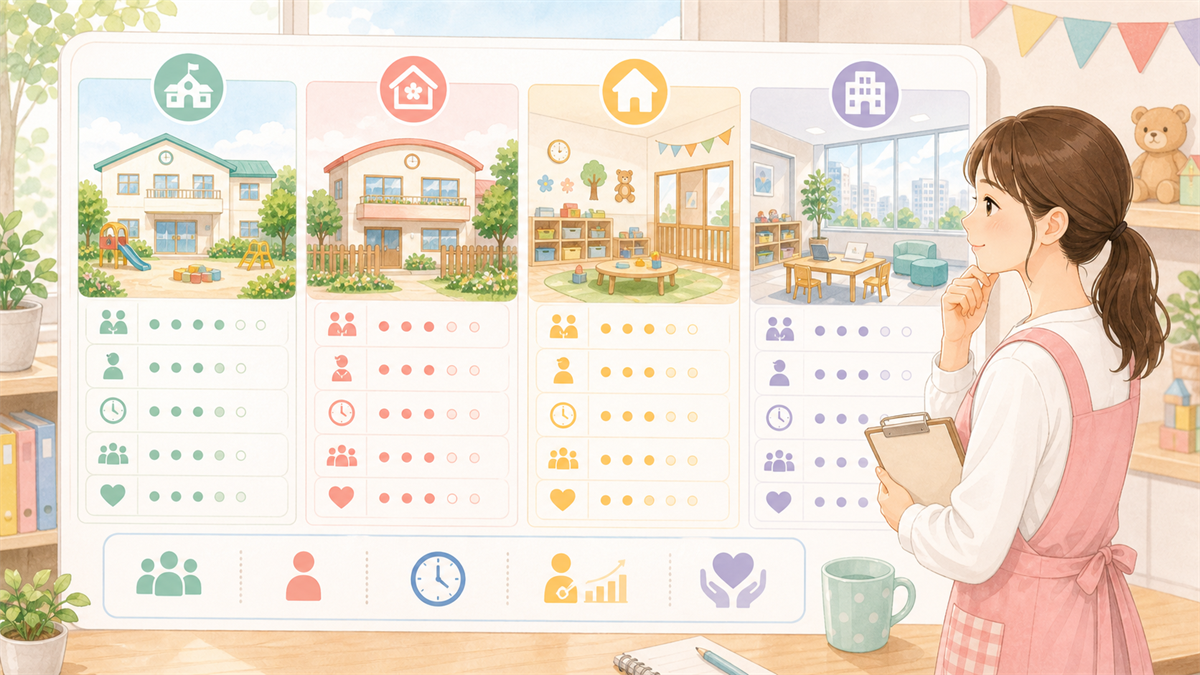 保育施設形態の違いを比較の内容を整理した保育士向けイラスト