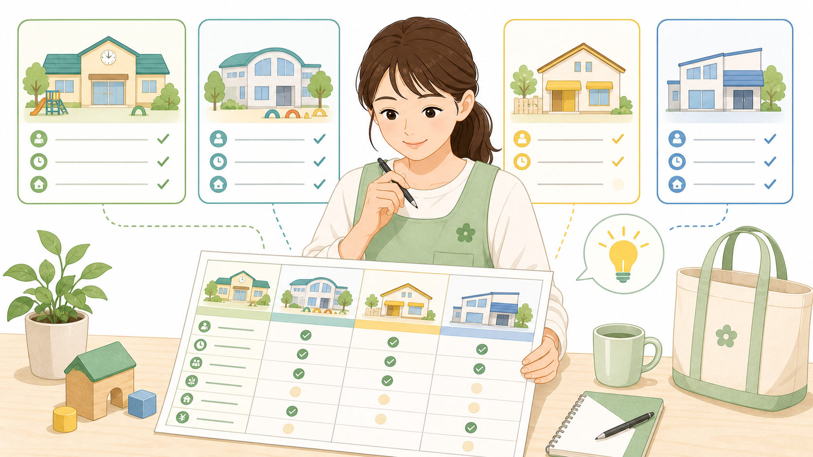 複数の保育施設タイプを比較表で確認する保育士のイラスト